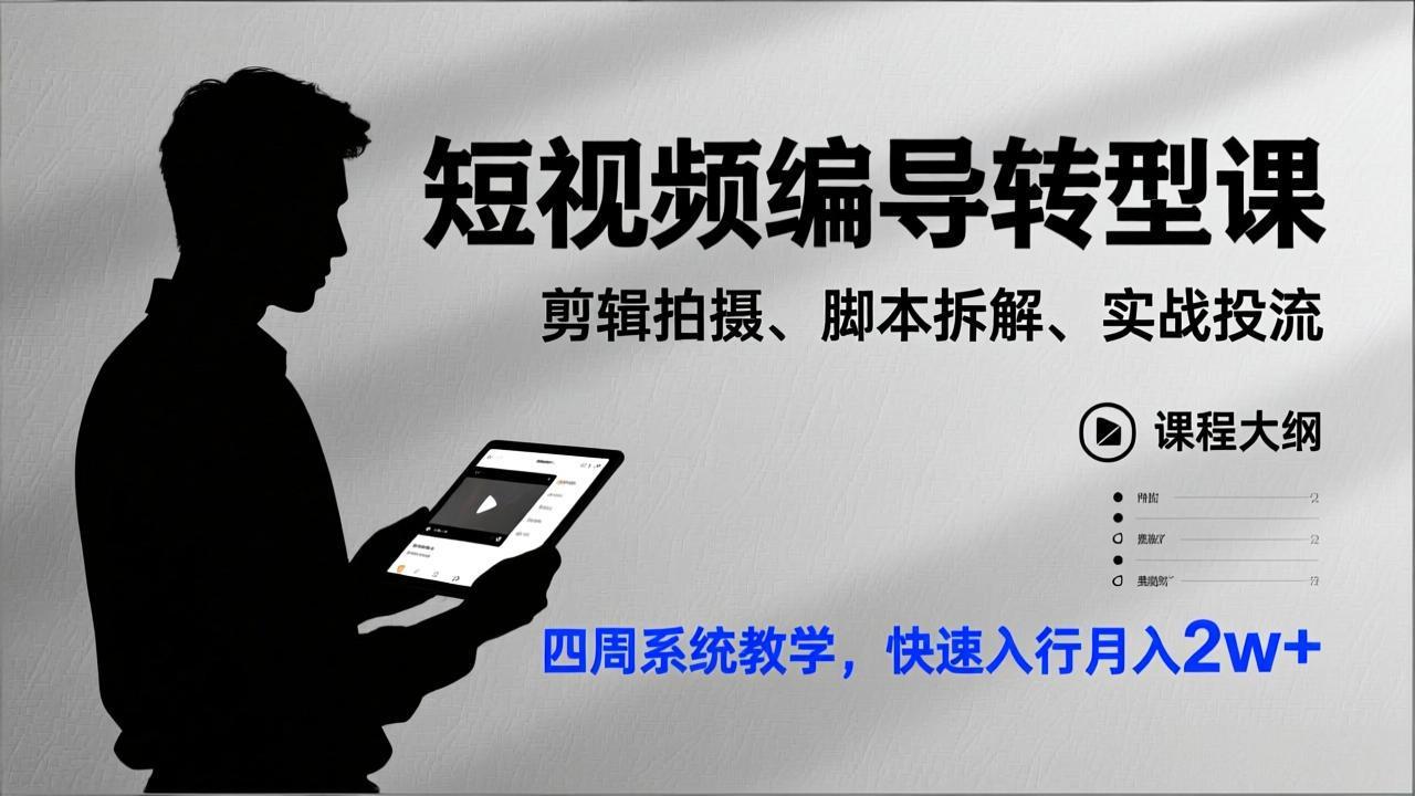短视频编导转型课，剪辑拍摄、脚本拆解、实战投流，四周系统教学，快速入行月入2w+-创云资源分享创云网创