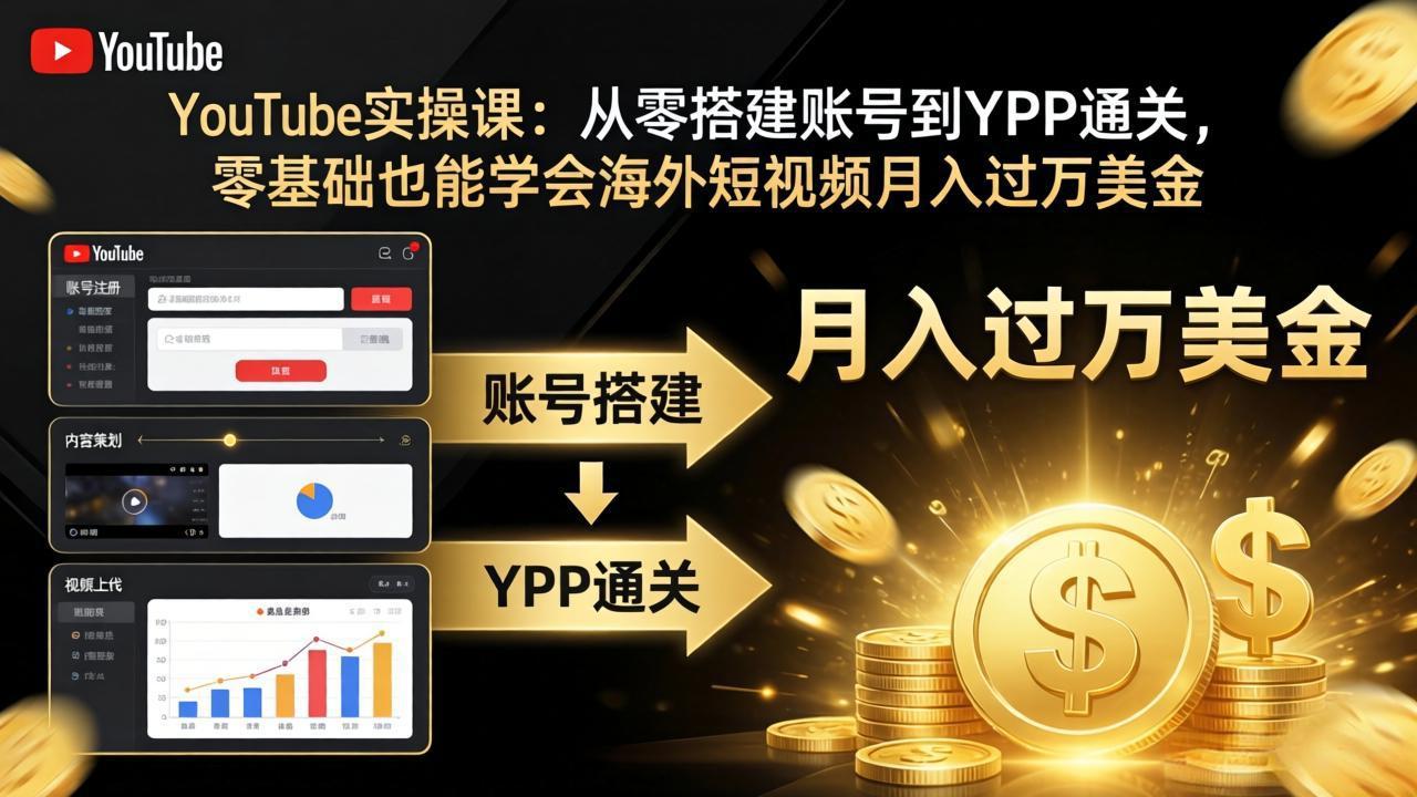 YouTube实操课：从零搭建账号到YPP通关，零基础也能学会海外短视频月入过万美金-创云资源分享创云网创