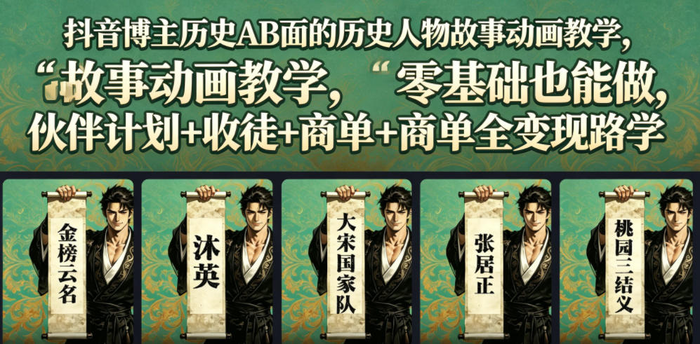 抖音博主历史AB面的历史人物故事动画教学,零基础也能做,伙伴计划+收徒+商单全变现路径教学-创云资源分享创云网创