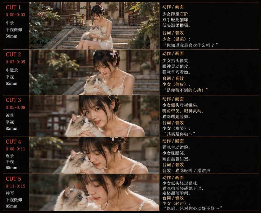 （18909期）美女和猫故事提示词，人物一致性提示词+故事板-创云资源分享创云网创