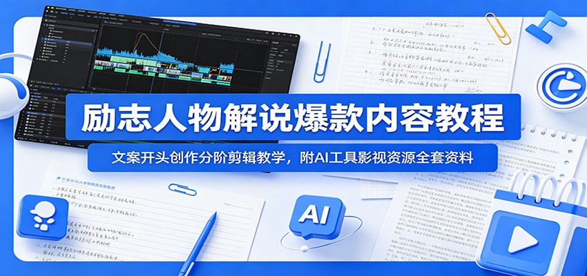 励志人物解说爆款内容教程：文案开头创作分阶剪辑教学，附AI 工具影视资源全套资料-创云资源分享创云网创