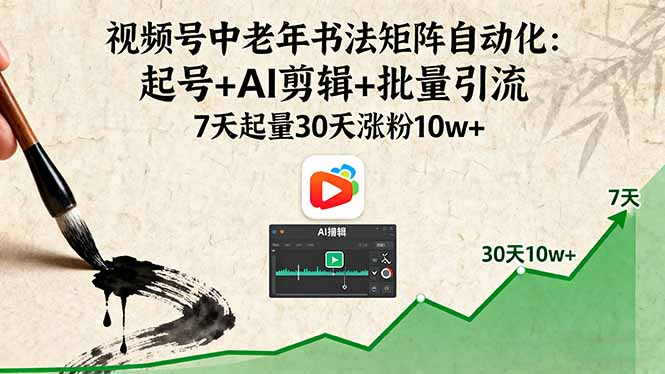 视频号中老年书法矩阵自动化：起号+AI剪辑+批量引流 7天起量30天涨粉10w+-创云资源分享创云网创