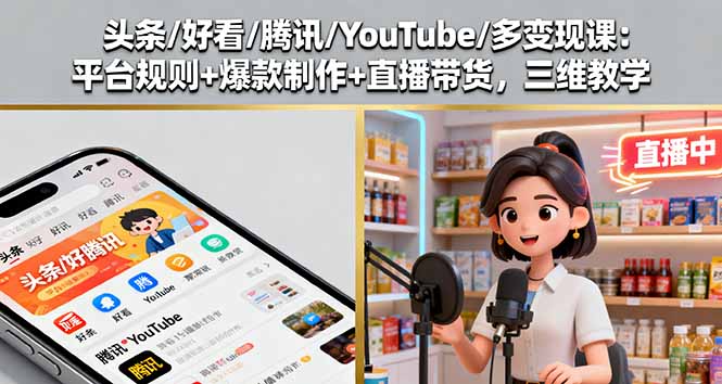 头条/好看/腾讯/YouTube/多变现课：平台规则+爆款制作+直播带货，三维教学-创云资源分享创云网创