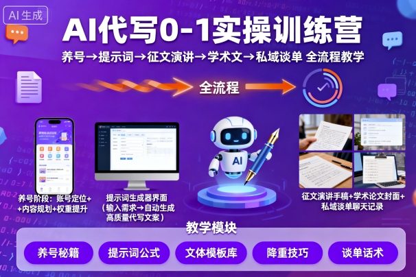 AI代写0-1实操训练营，从养号、提示词、征文演讲、学术文，到私域谈单的全流程教学-优加资源分享优加网创