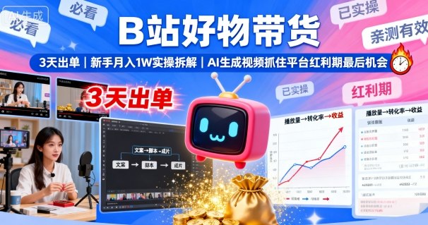 B站好物带货，3天出单，新手月入1W实操拆解，AI生成视频，抓住平台红利期最后机会-优加资源分享优加网创