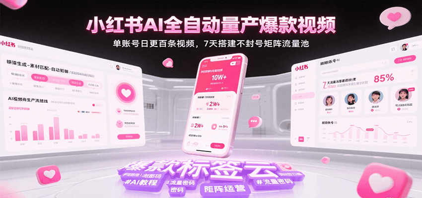 小红书AI全自动量产爆款视频，单账号日更百条视频，7天搭建不封号矩阵流量池（更新）-优加资源分享优加网创