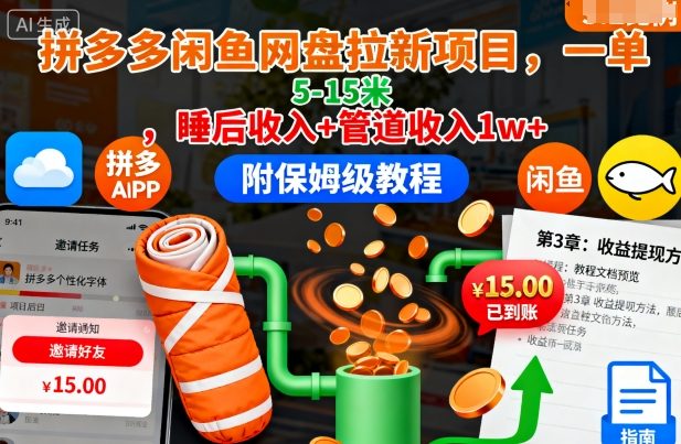 拼多多闲鱼网盘拉新项目，一单5-15米，睡后收入+管道收入1w+(附保姆级教程)-创云资源分享创云网创