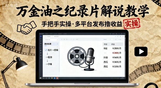 万金油之纪录片解说教学，手把手教你，完全实操，多平台发布撸收益-创云资源分享创云网创