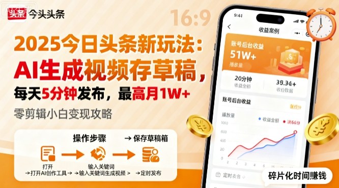 2025年今日头条躺賺新玩法，AI生成视频存草稿，每天5分钟发布，最高月1W+【揭秘】-稳盈网资源分享稳盈网