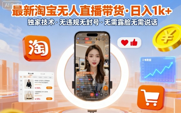 最新淘宝无人直播带货，日入1k+，独家技术，无违规无封号，无需露脸无需说话【揭秘】-优加资源分享优加网创