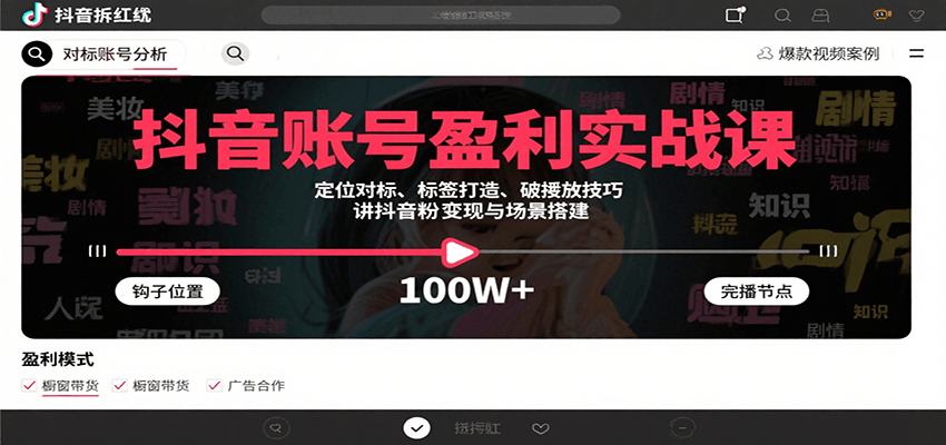 抖音账号盈利实战课，定位对标、标签打造、破播放技巧，讲涨粉变现与场景搭建-创云资源分享创云网创