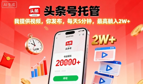 【头条号托管】我提供视频，你发布，每天5分钟，最高躺入2W+【揭秘】-优加资源分享优加网创