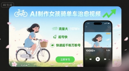 AI制作女孩骑单车治愈视频，流量大，起号快，快速起千粉万粉号-创云资源分享创云网创