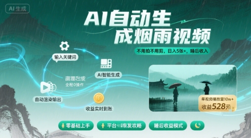 不用拍不用剪！AI自动生成烟雨视频，日入5张+，睡后收入-创云资源分享创云网创