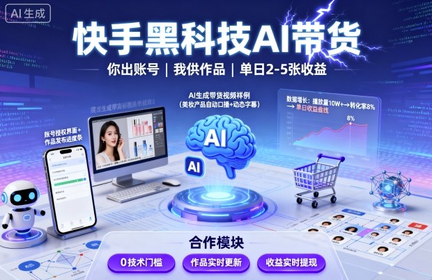 快手黑科技AI带货，你提供账号，我提供作品并发布，单日2-5张【揭秘】-优加资源分享优加网创