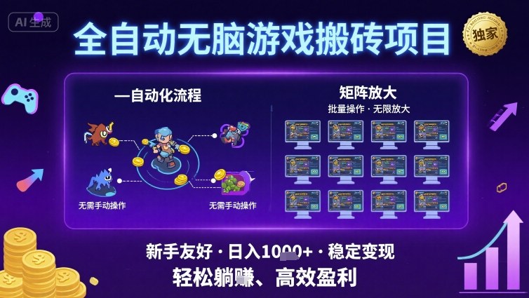 全自动无脑游戏搬砖项目，独家玩法，可批量矩阵无限放大，新手也能轻松日入1k+【揭秘】-优加资源分享优加网创