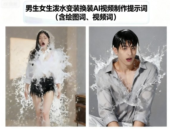 男生女生泼水变装换装AI视频制作提示词(含绘图词、视频词)-创云资源分享创云网创